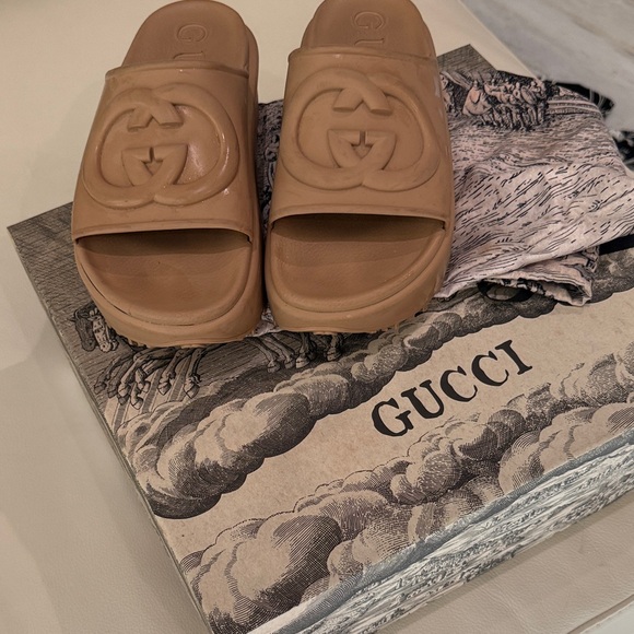 Gucci Beige Embossed Slide Sandals